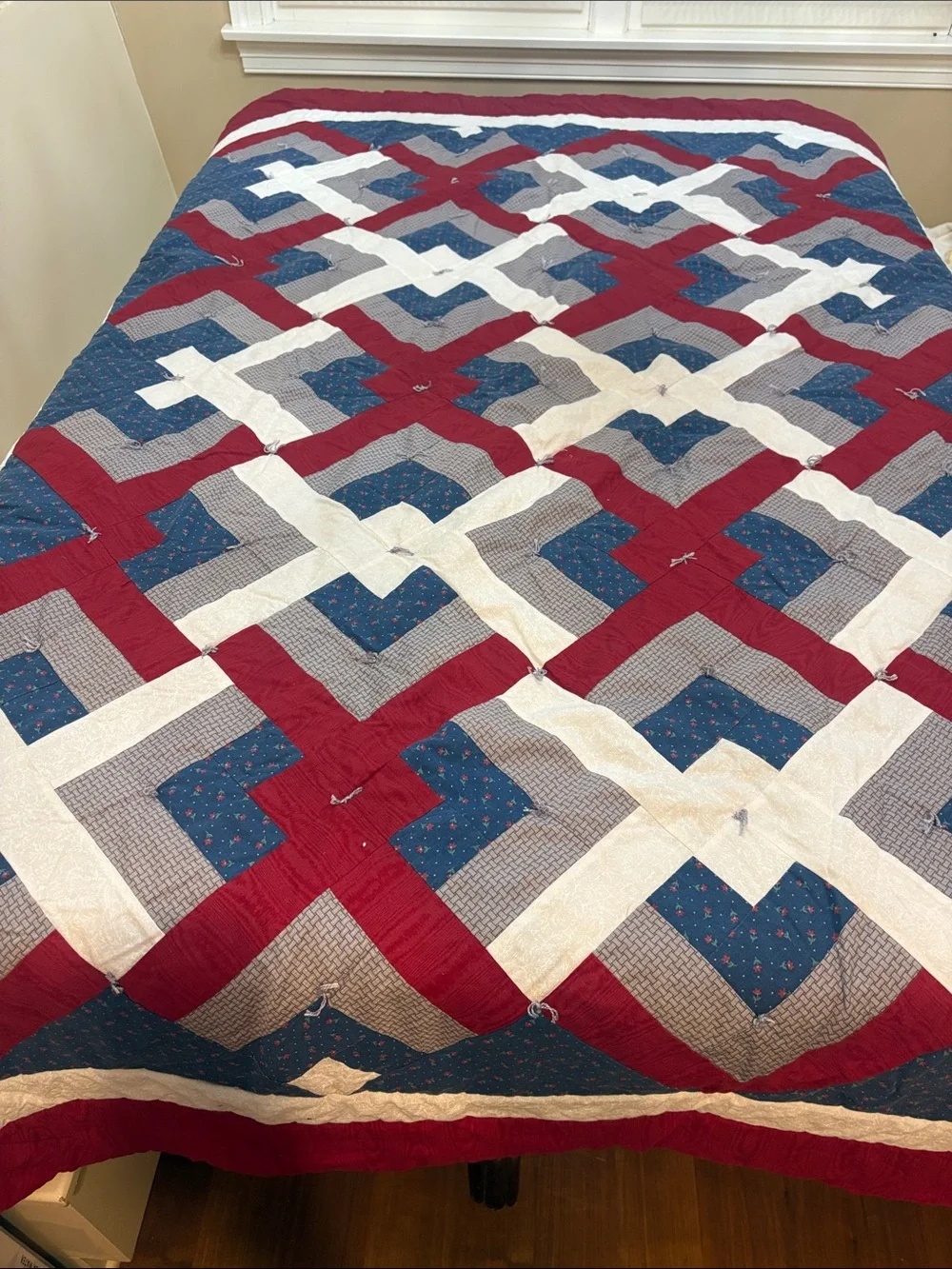 Hand Crafted Red, Blue & Cream Geometric Patchwork Quilt